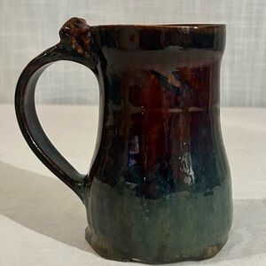 Handmade Coffee Mug Blue Brown Drip Glaze Studio Art Pottery signed